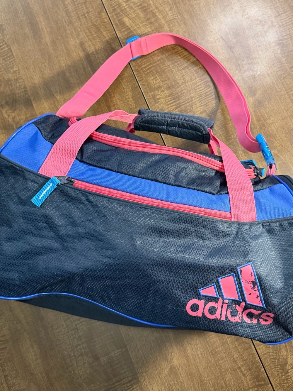 adidas Black Duffel Bag with Blue Panels and Pink Straps